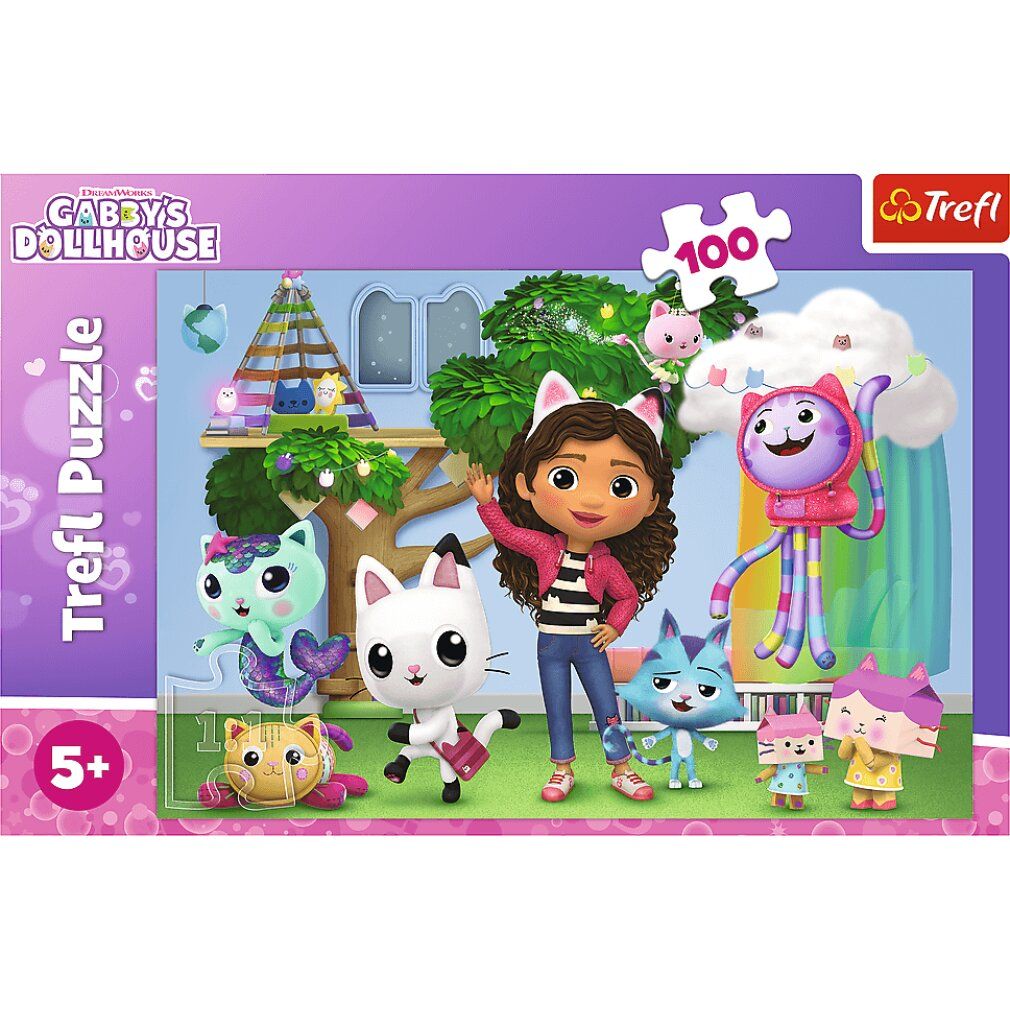 Scatola puzzle Gabby's Magic House. 100 pezzi, 5+. Marchio Trefl. Immagine con Gabby e personaggi di gatti.