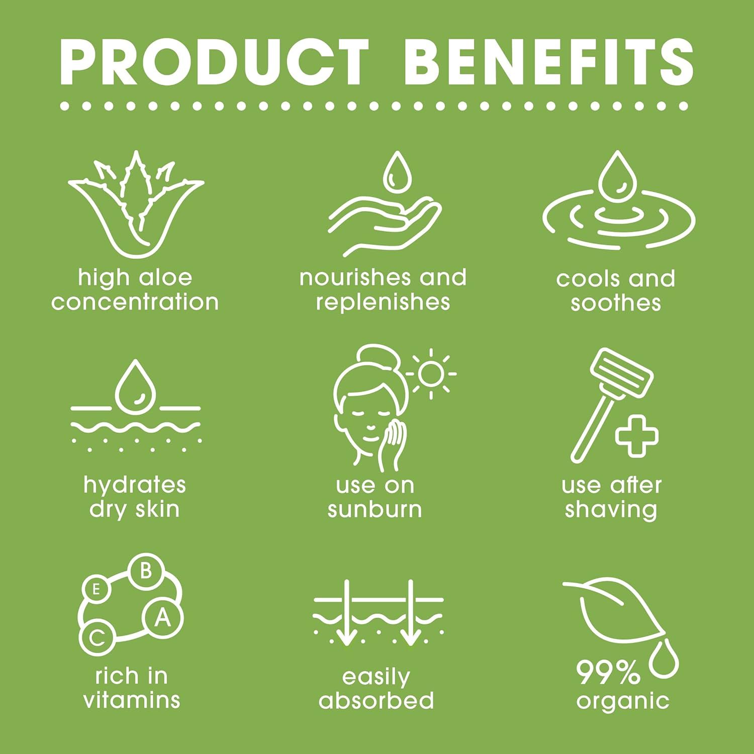 Grafica con icone. Benefici: alta concentrazione di aloe, nutre, rinfresca, idrata, scottature, rasatura, vitamine, facile assorbimento, 99% biologico.