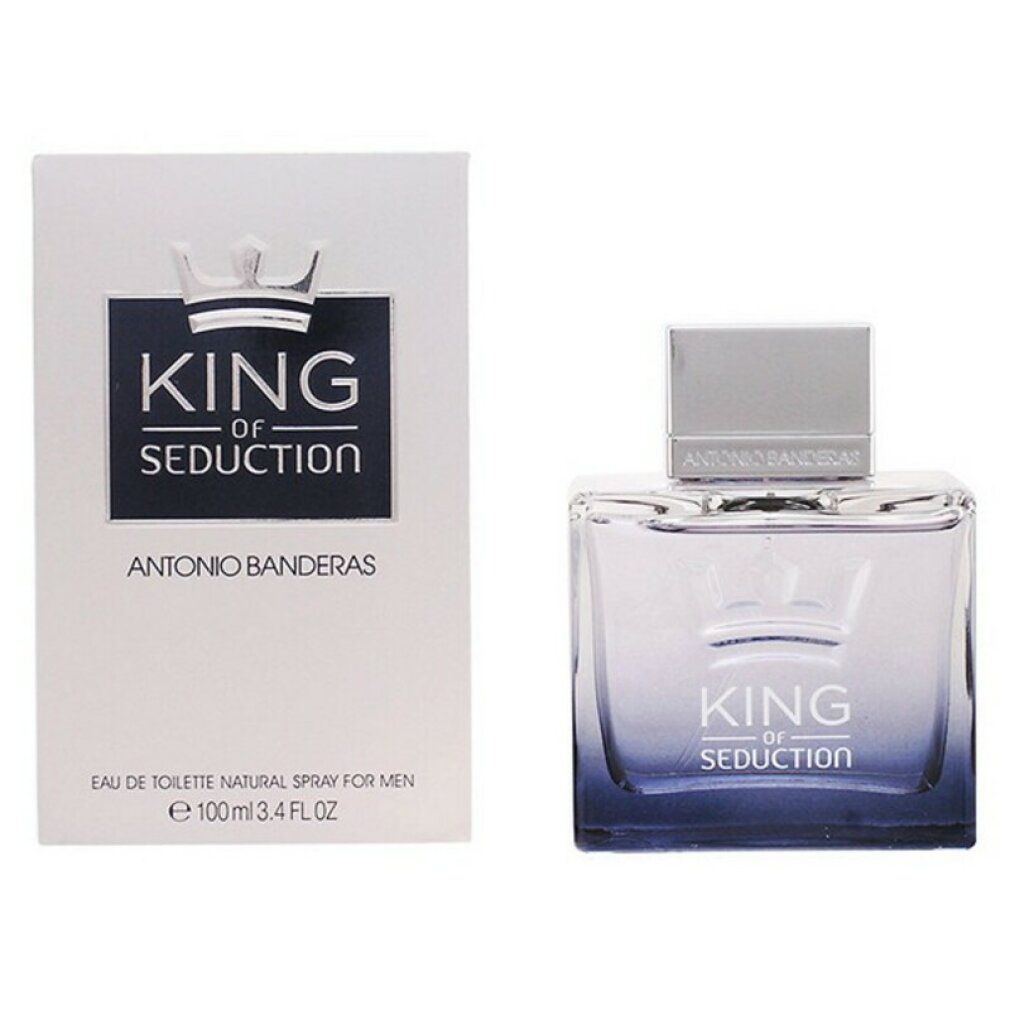 Spray Eau de Toilette con confezione. Flacone e scatola con scritta King of Seduction. Marchio: Antonio Banderas.