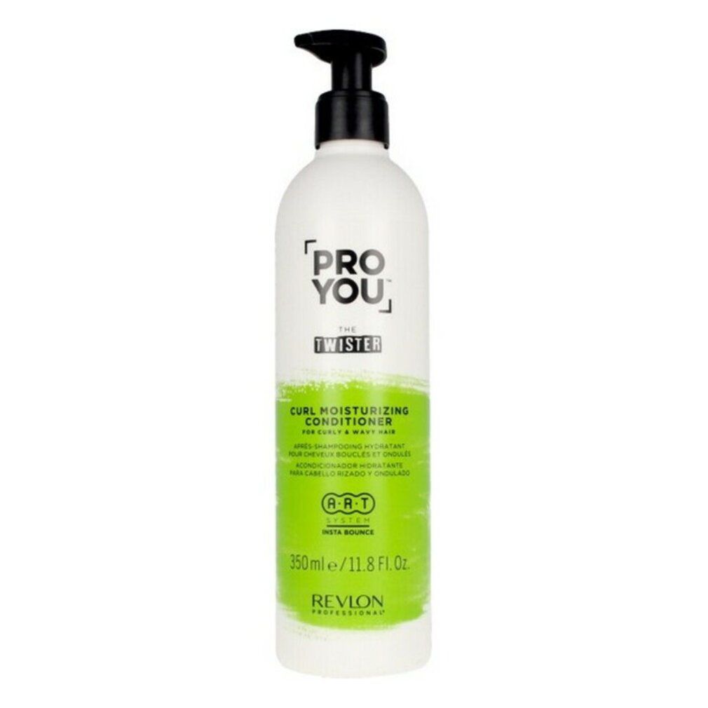 Flacone bianco con erogatore nero. Etichetta verde e bianca con testo: Pro You The Twister Conditioner, Revlon.