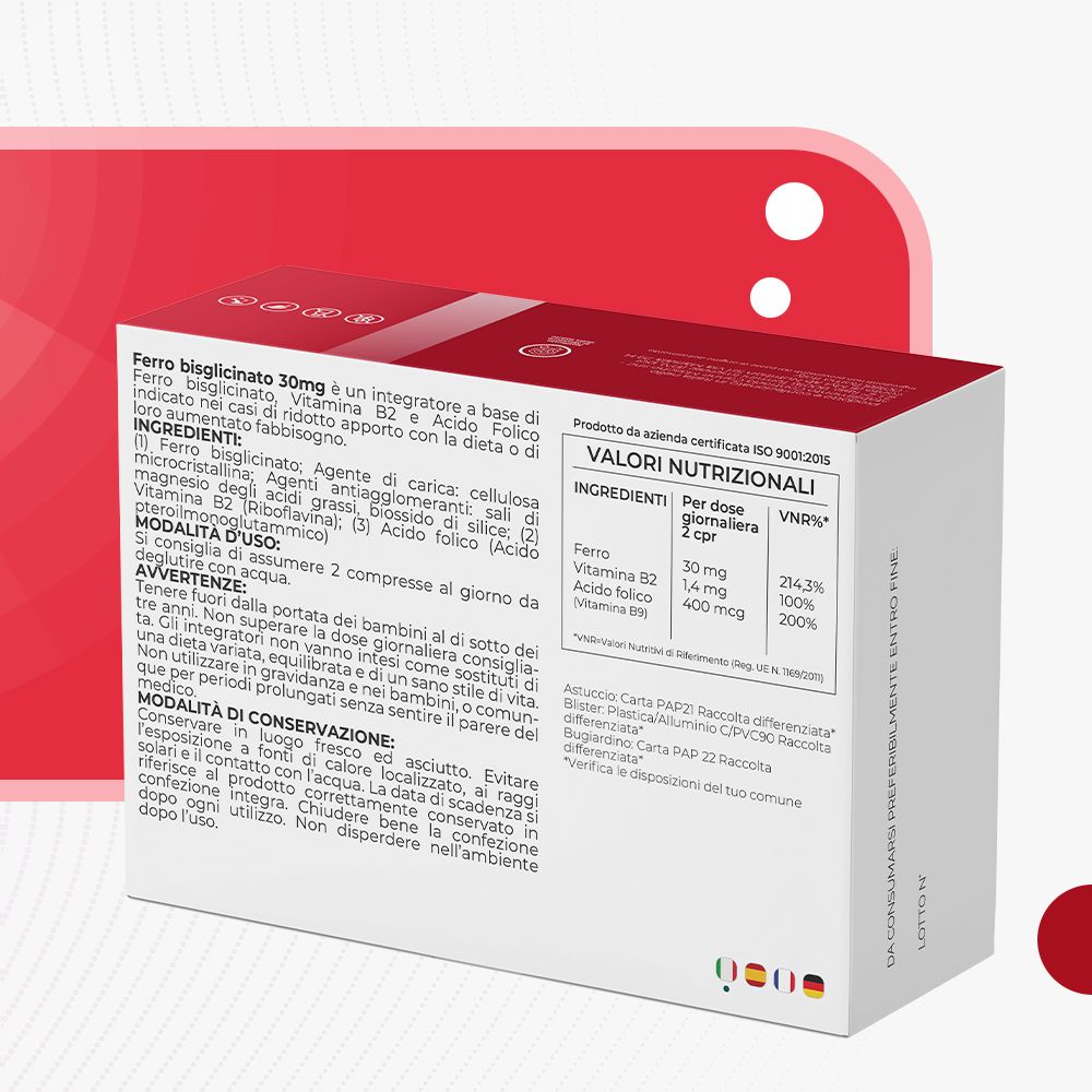 Retro confezione T-Rex Integratori Ferro Bisglicinato 30mg. Testo: ingredienti, valori nutrizionali, istruzioni per l'uso. Sfondo bianco.