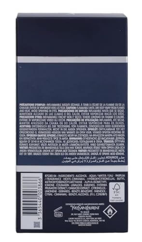 Retro della confezione. Testo multilingue. Logo Yves Saint Laurent. Codice a barre e simbolo di riciclo.