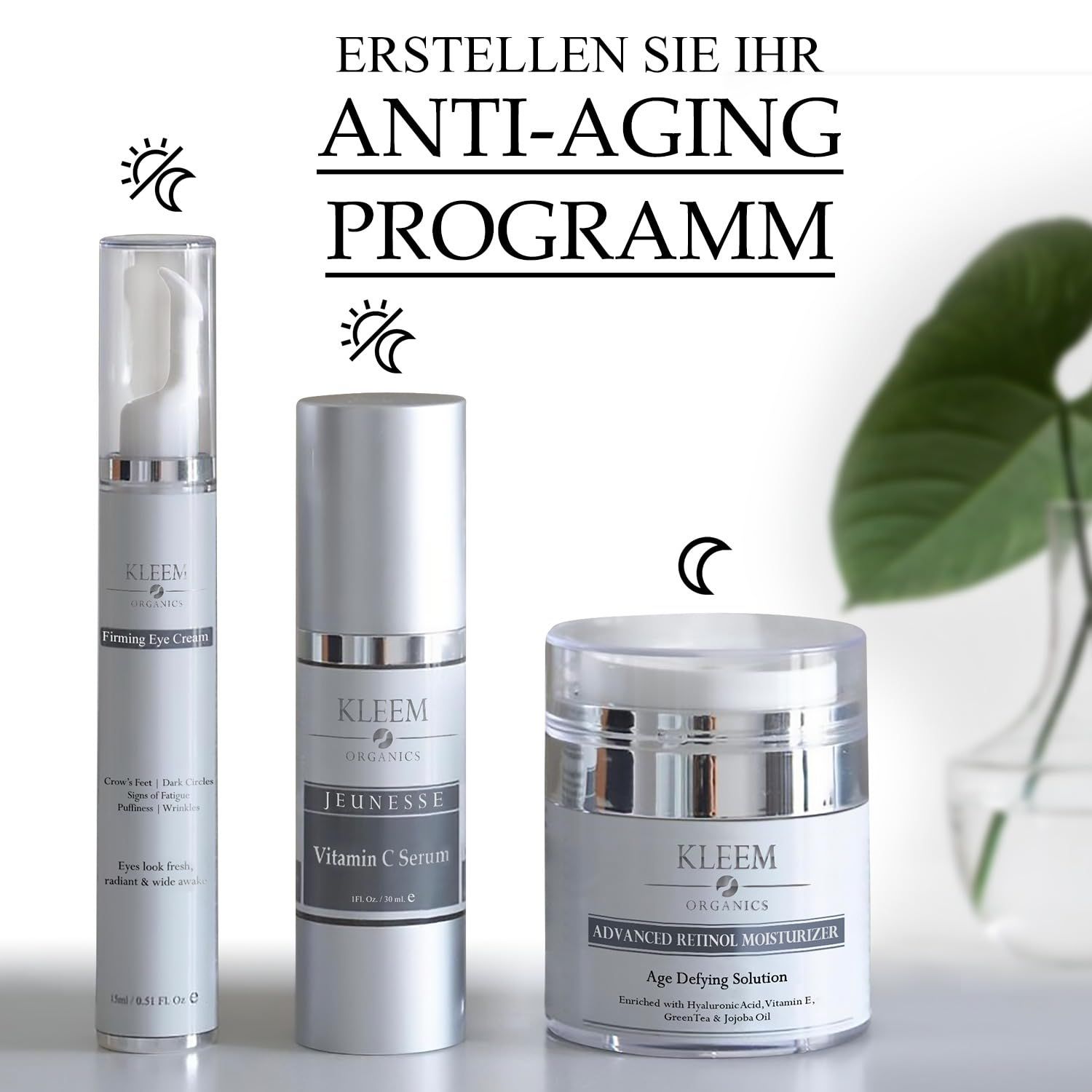 Tre prodotti: Kleem Forming Eye Cream, Kleem Vitamin C Serum, Kleem Advanced Retinol Moisturizer. Testo: Programma anti-età.