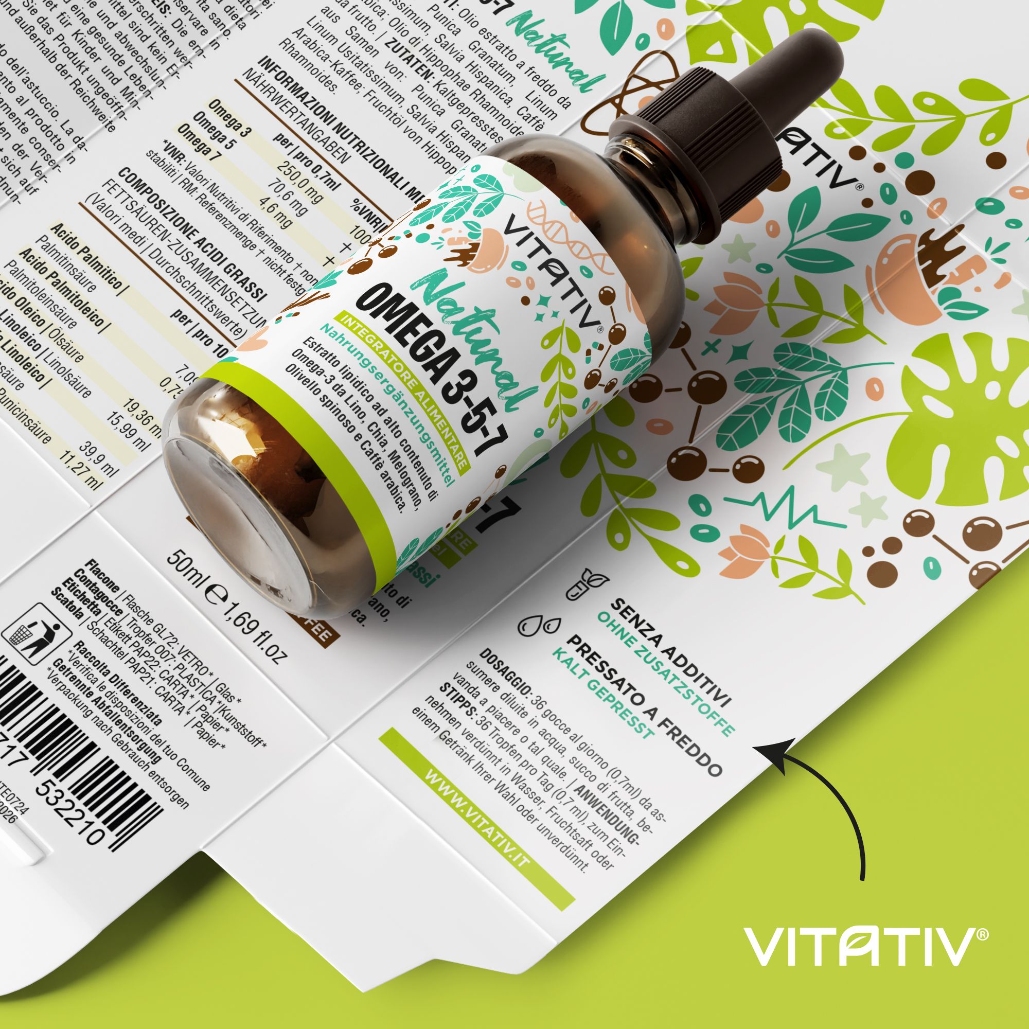 Vitativ® Omega 3-5-7 Fonte Vegetale Acidi Grassi con Acido Oleico, Linoleico, Alfa Linoleico, Caffè