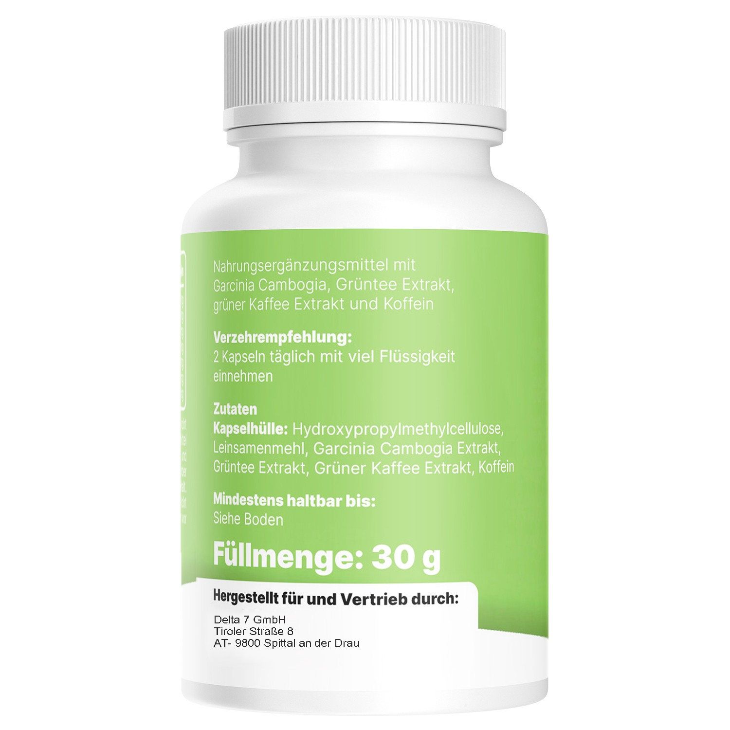 Retro di un flacone bianco. Etichetta verde con informazioni sugli ingredienti e raccomandazioni. Contenuto netto: 30 g.