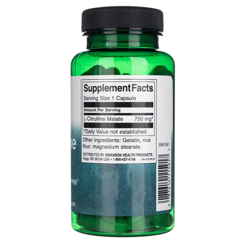 Retro di una bottiglia verde con Informazioni Nutrizionali: L-Citrullina Malato 750 mg, 60 capsule.