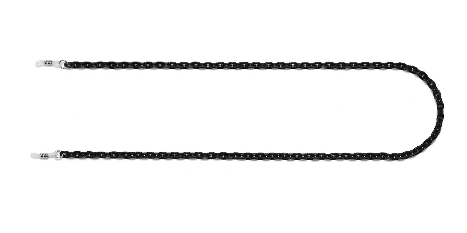 Catena per occhiali nera con maglie ovali. Chiusure in metallo alle estremità. Su sfondo bianco.