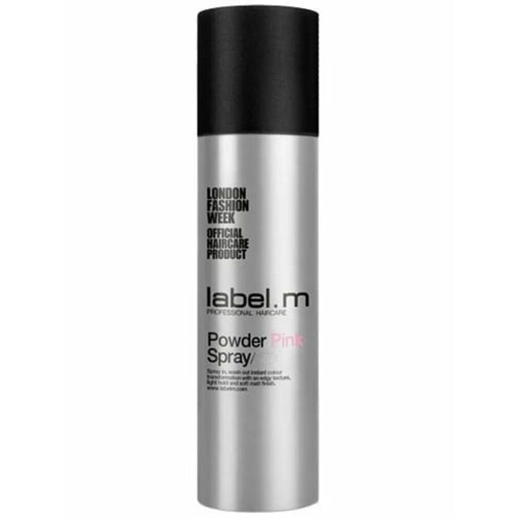Bomboletta spray argentata con tappo nero, label.m Powder Pink Spray, Prodotto ufficiale per capelli della London Fashion Week.