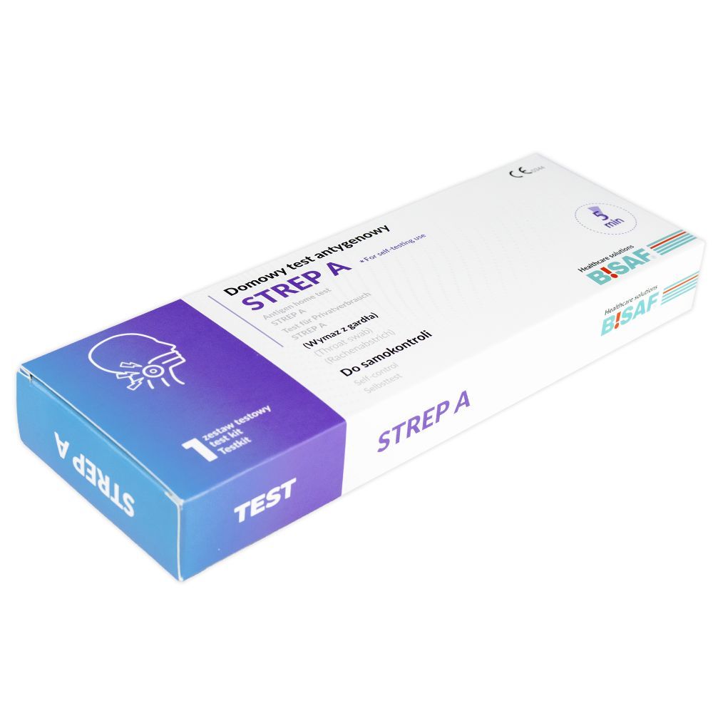 Vista obliqua della confezione del test. Scritte: STREP A, BISAF, marchio CE. Per autotest. Colori blu e bianco.