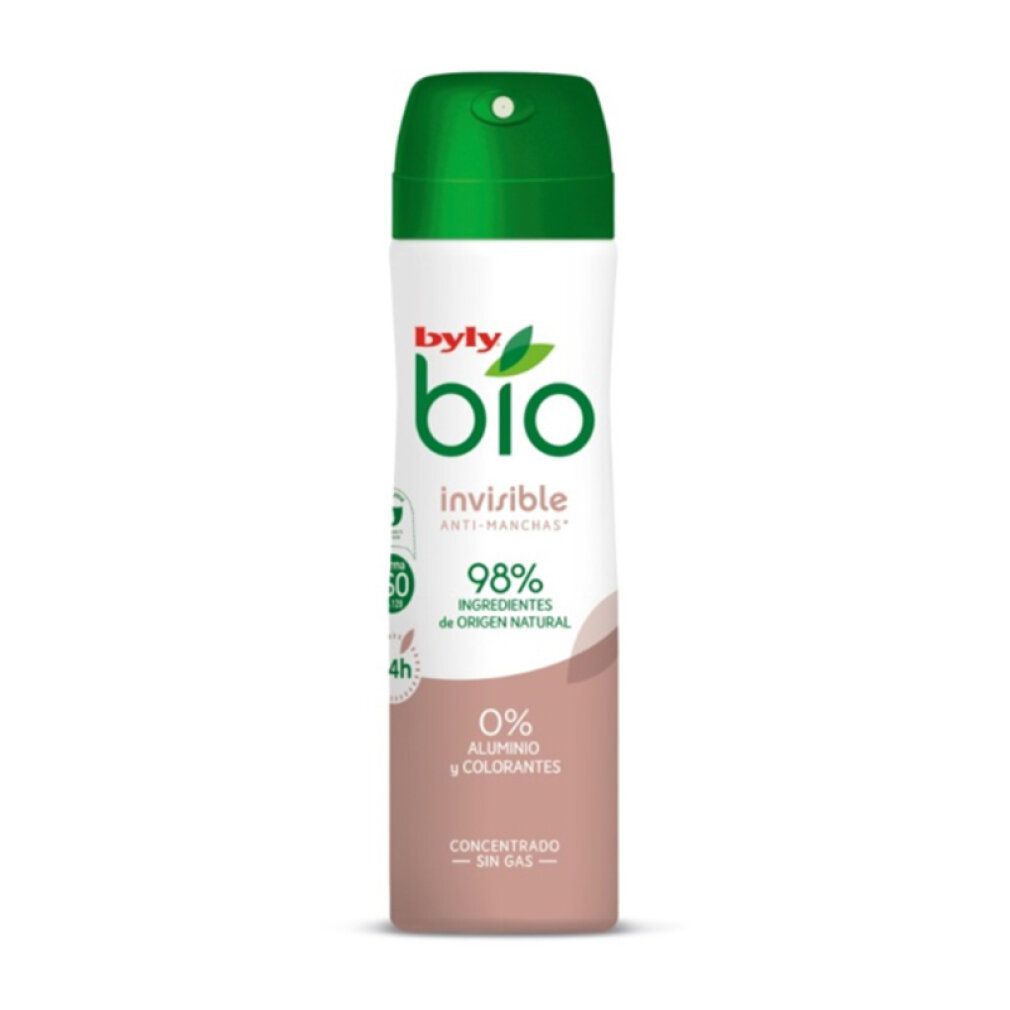 Spray deodorante, flacone bianco con tappo verde. Scritte: Byly Bio, invisible, 98% ingredienti di origine naturale.