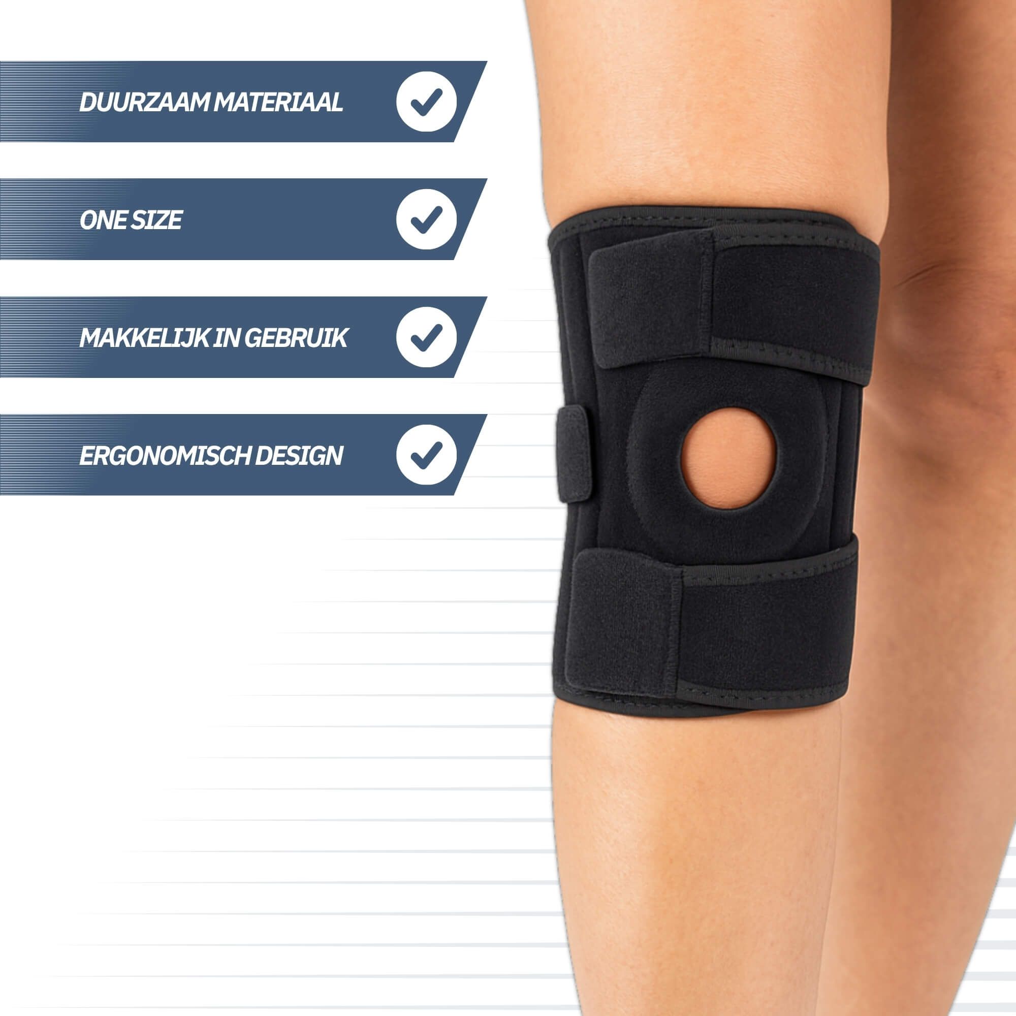 Ginocchiera nera con foro rotuleo, cinghie in velcro regolabili e design ergonomico.