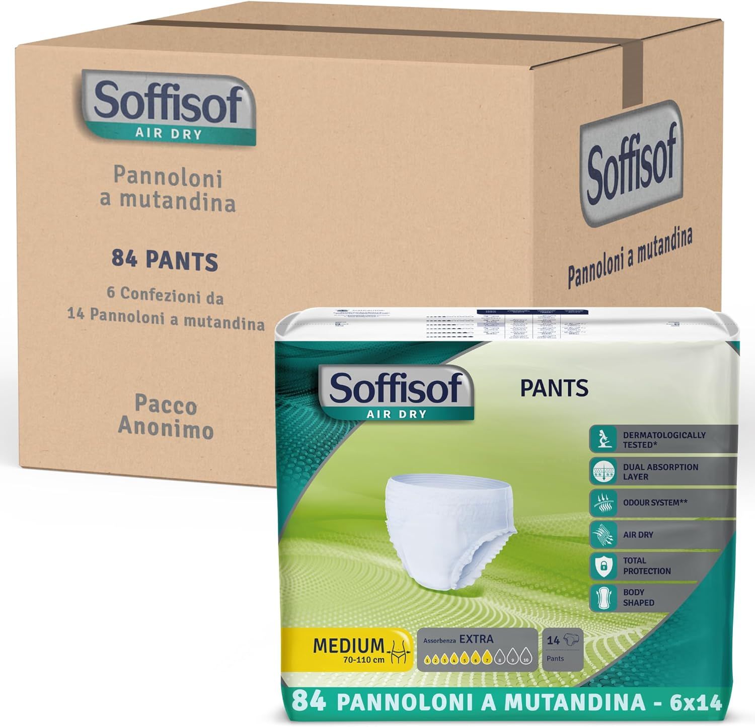 Scatola e confezione di Soffisof Pants. 84 Pants. Confezione da 6 x 14 Pants. Nome del prodotto e logo sulla confezione.