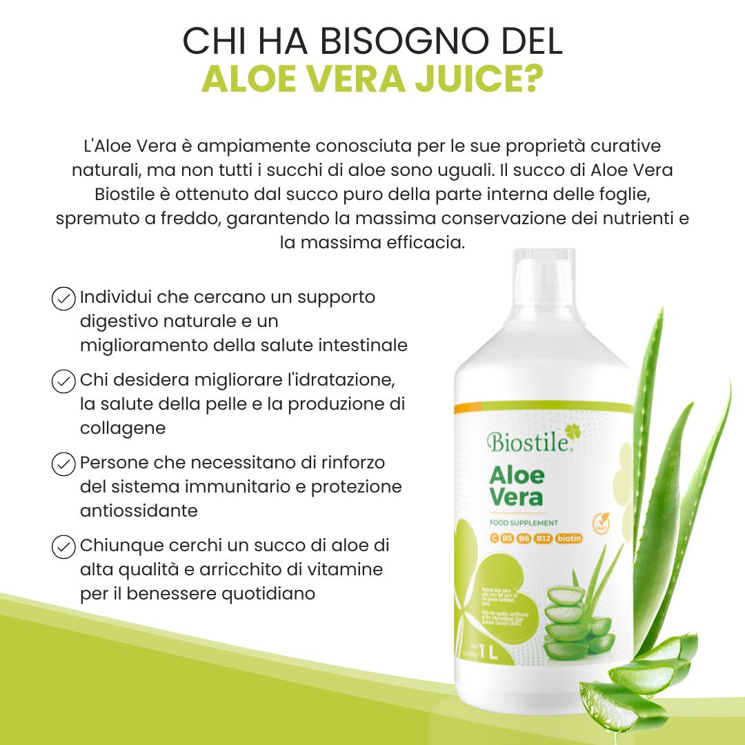 Bottiglia Biostile Aloe Vera. Testo: Chi ha bisogno di Aloe Vera Juice? Elenchi: Digestione, pelle, sistema immunitario, benessere.