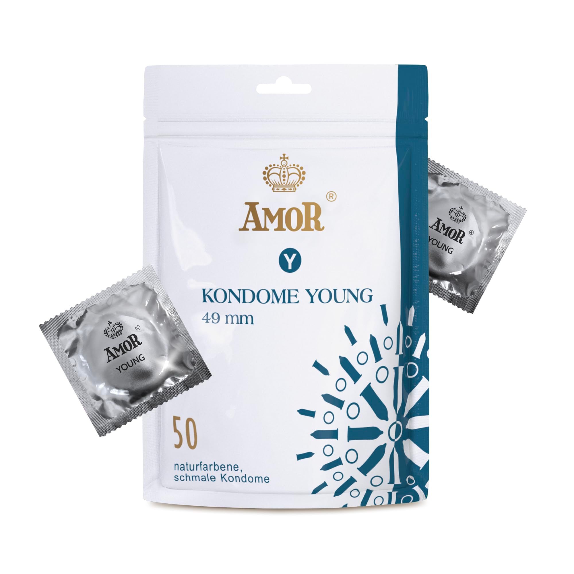 AMOR Kondome YOUNG 49mm, 50 pezzi, naturale, sottile. Presentato su piedistallo dorato.