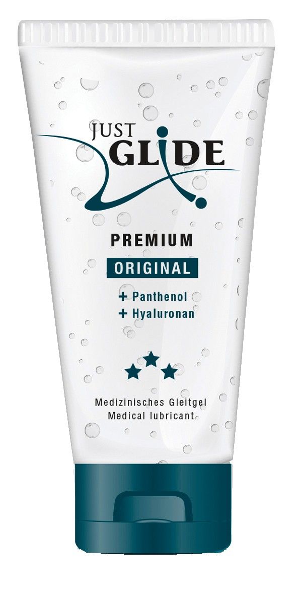 Tubo trasparente con tappo blu. Scritta: Just Glide, Premium Original, Panthenol, Hyaluronan. Lubrificante medico.