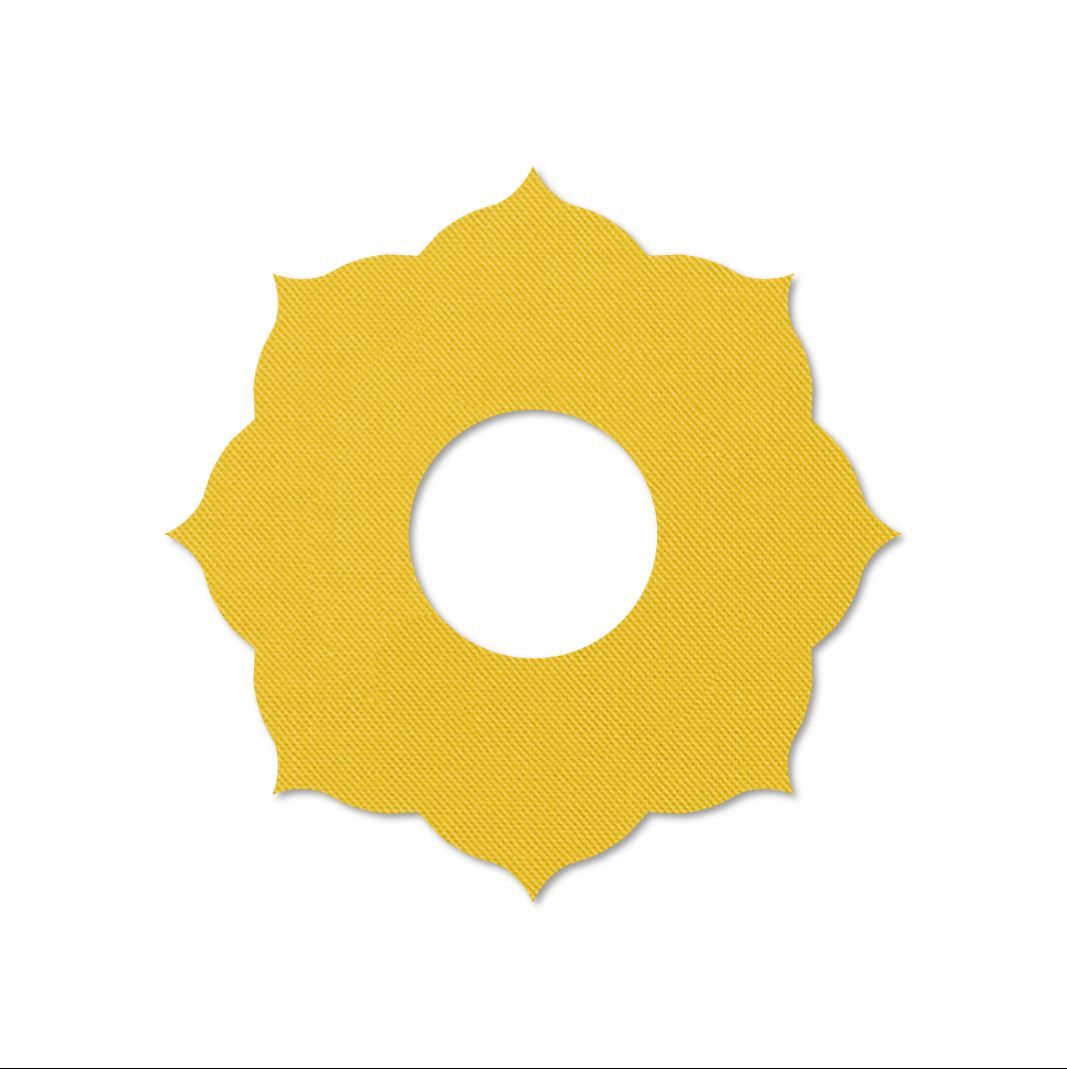 Anello di fissaggio giallo con bordi dentellati e foro centrale. Forma semplice e rotonda.