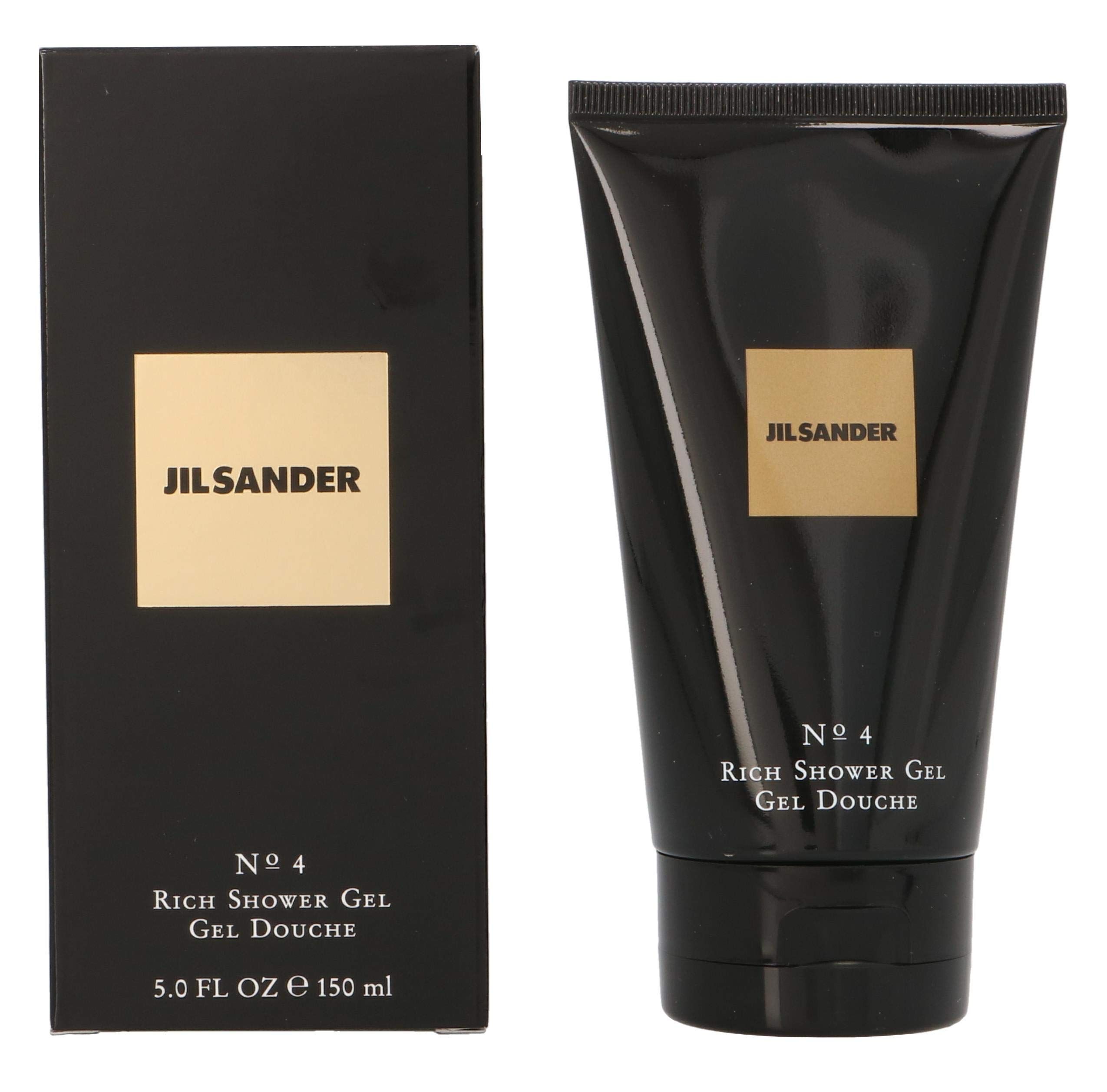 Tubo e scatola neri. Scritta: Jil Sander, No. 4, Rich Shower Gel, Gel Douche. Scatola con 5.0 FL OZ E 150 ml.