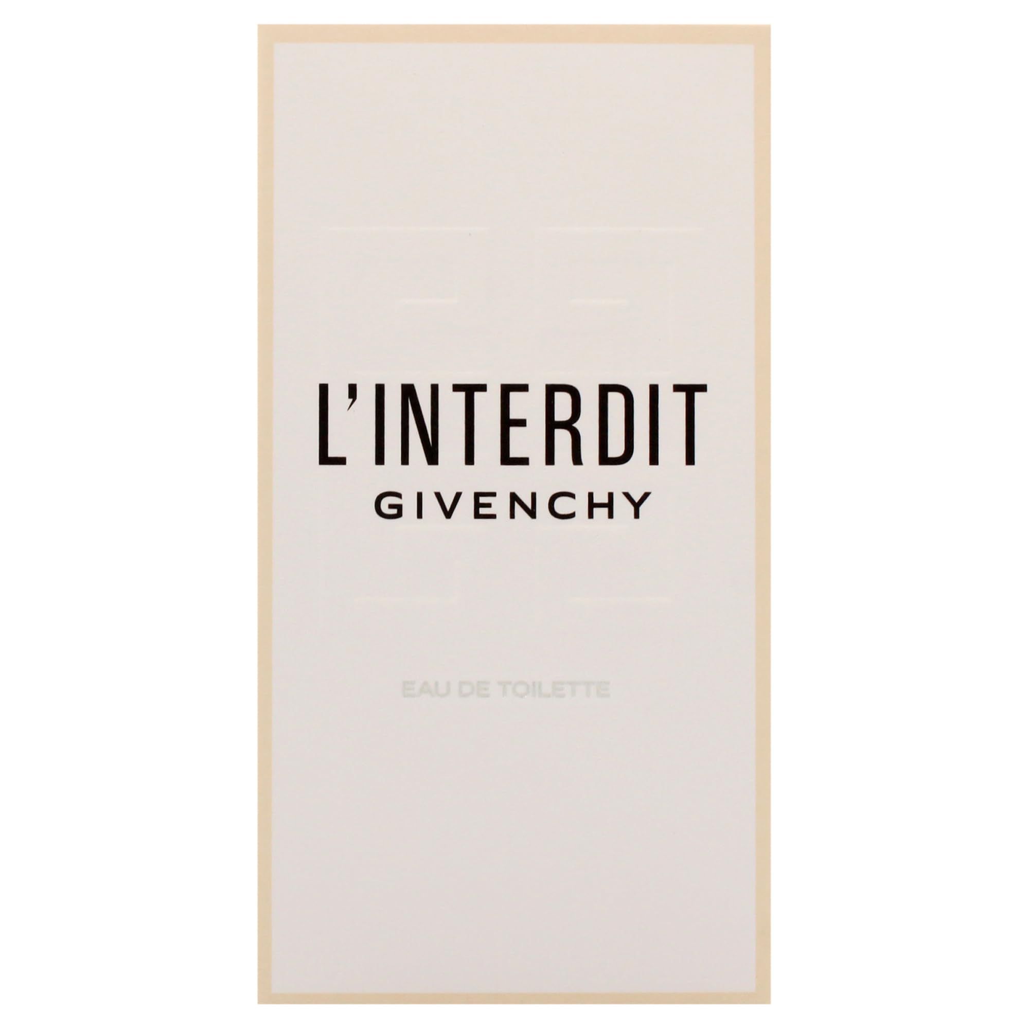 Confezione di Givenchy L'Interdit Eau de Toilette. Scatola bianca con scritta nera L'Interdit e Givenchy. Eau de Toilette.