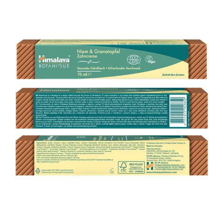 Confezione di dentifricio Himalaya Botanique Neem & Melograno, 75 ml.