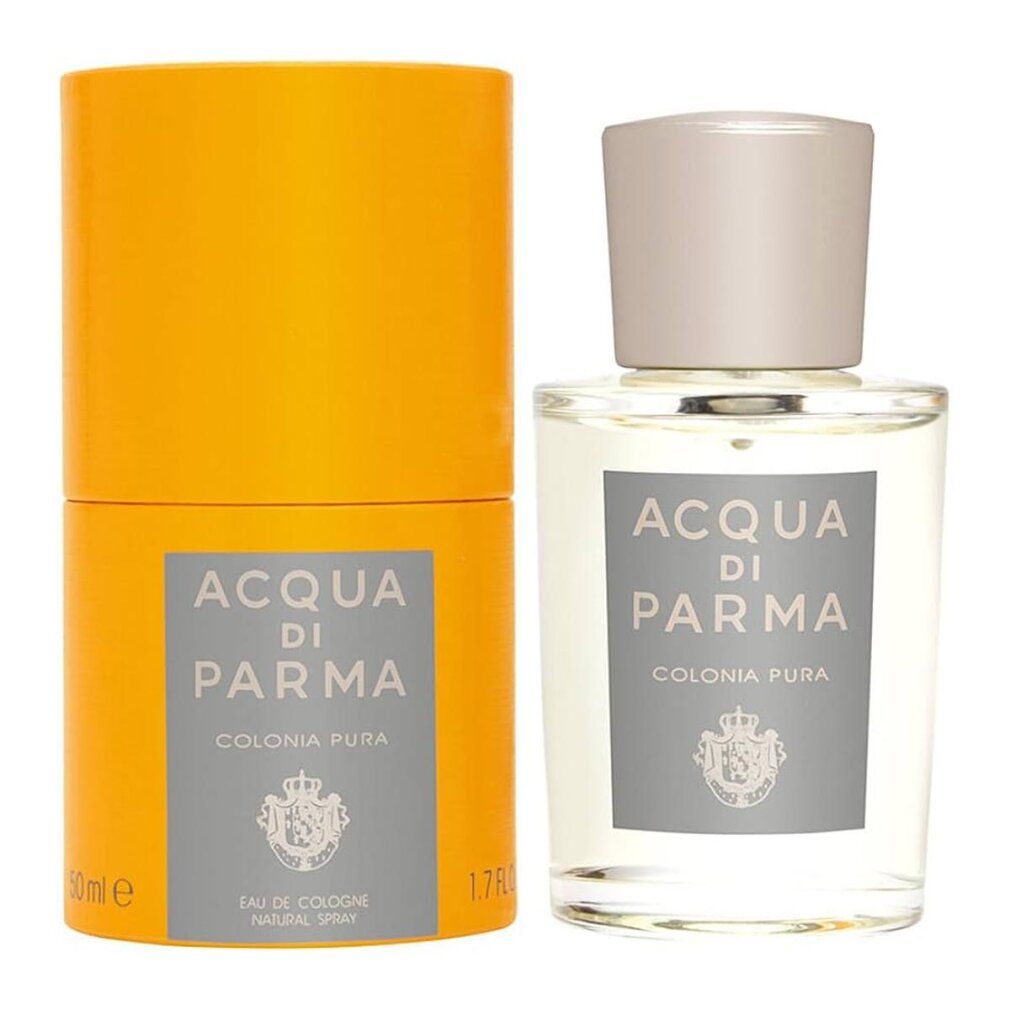 Prodotto e confezione affiancati. Flacone con tappo argentato e confezione gialla. Scritta: ACQUA DI PARMA, COLONIA PURA.
