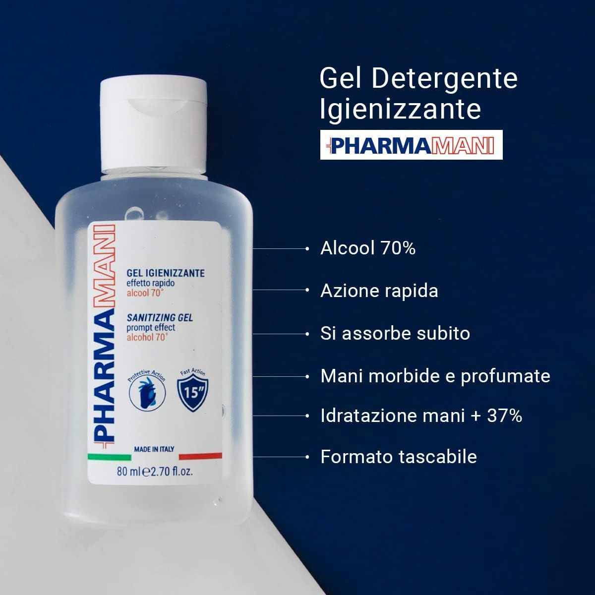 Flacone di gel igienizzante con testo. Contiene il 70% di alcol. Azione rapida. Dermatologicamente testato. Mani morbide e profumate. Made in Italy.