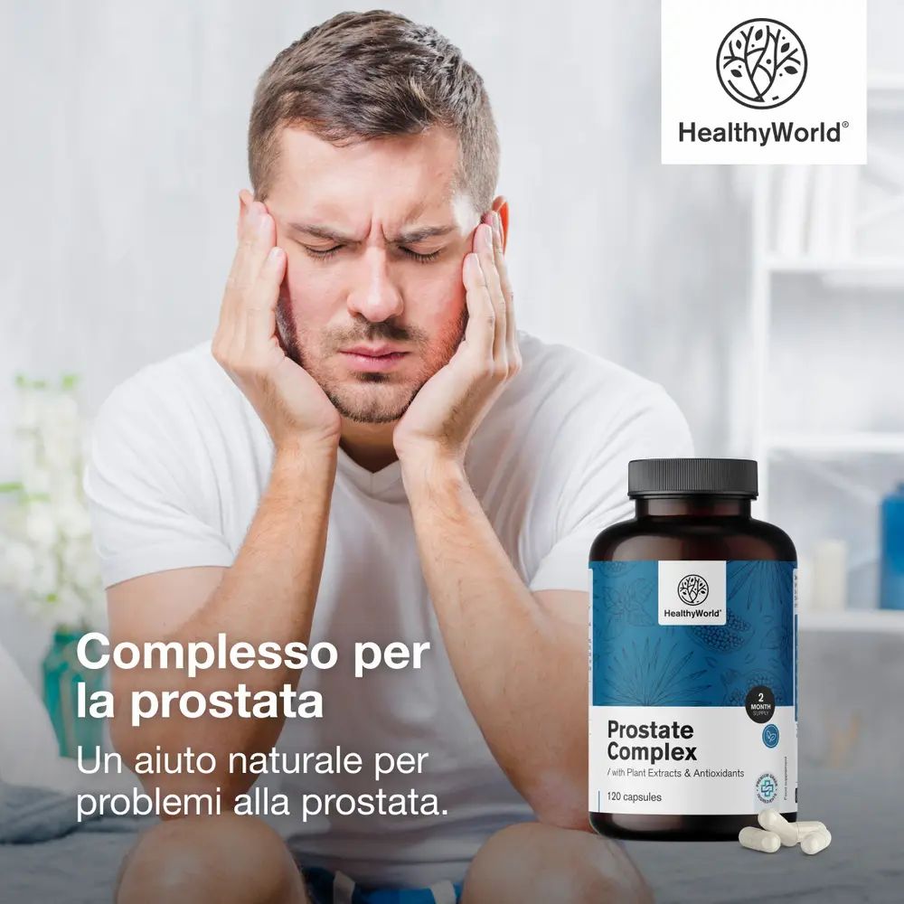 Uomo con mal di testa accanto a un flacone. Scritta: Prostate Complex. 120 capsule. Marchio: HealthyWorld.