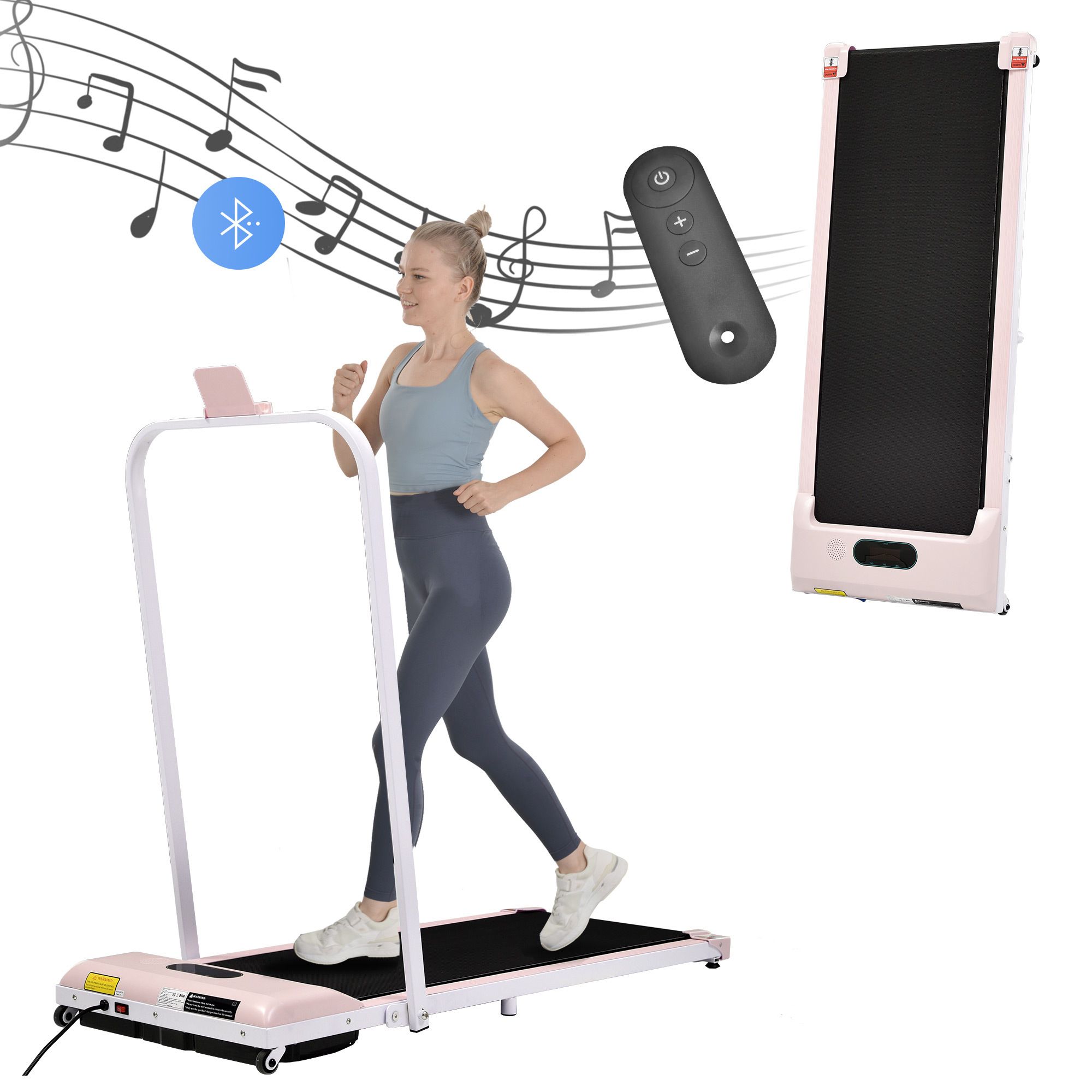 Tapis roulant rosa con telecomando e altoparlante Bluetooth. Donna che corre. Note musicali e simbolo Bluetooth.