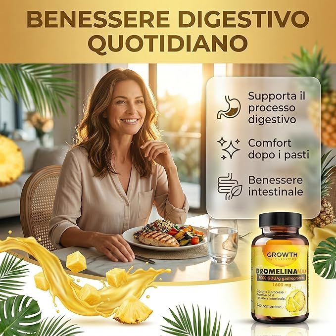 Donna a tavola con cibo e flacone Bromelina. Testo: Benessere digestivo quotidiano. Prodotto: GROWTH Bromelina MAX, 240 compresse.
