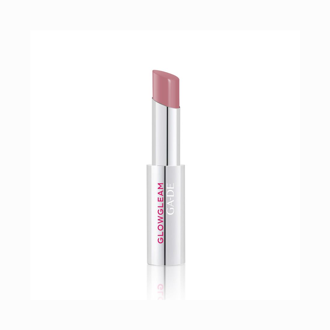 Rossetto aperto, tubo argentato e colore rosa. Scritta rosa 'GLOWGLEAM GA-DE'.