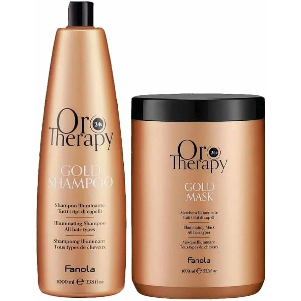 Flacone e barattolo dorati. Scritta: Oro Therapy Gold Shampoo e Gold Mask. Testo multilingue. Logo Fanola e 1000 ml.