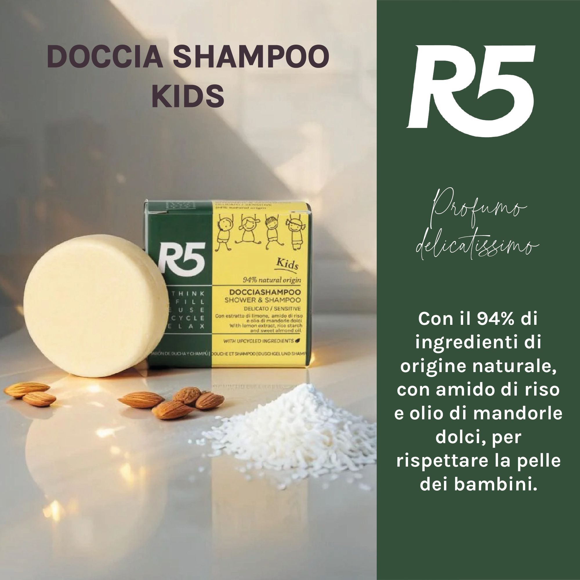 R5 Doccia Shampoo Solido Bambini: panetto di shampoo solido e confezione con disegni di bambini. Ingredienti naturali.