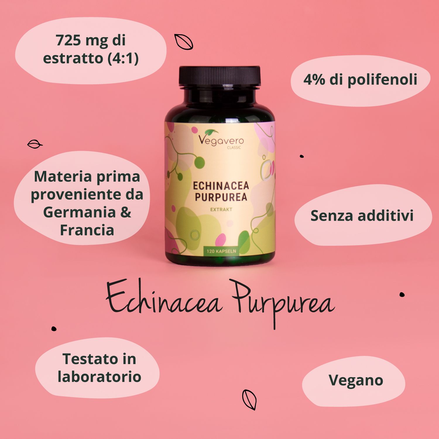 Flacone con tappo nero circondato da testo. Scritta: Vegavaro, Echinacea Purpurea, 120 capsule. Testo su ingredienti e certificazioni.