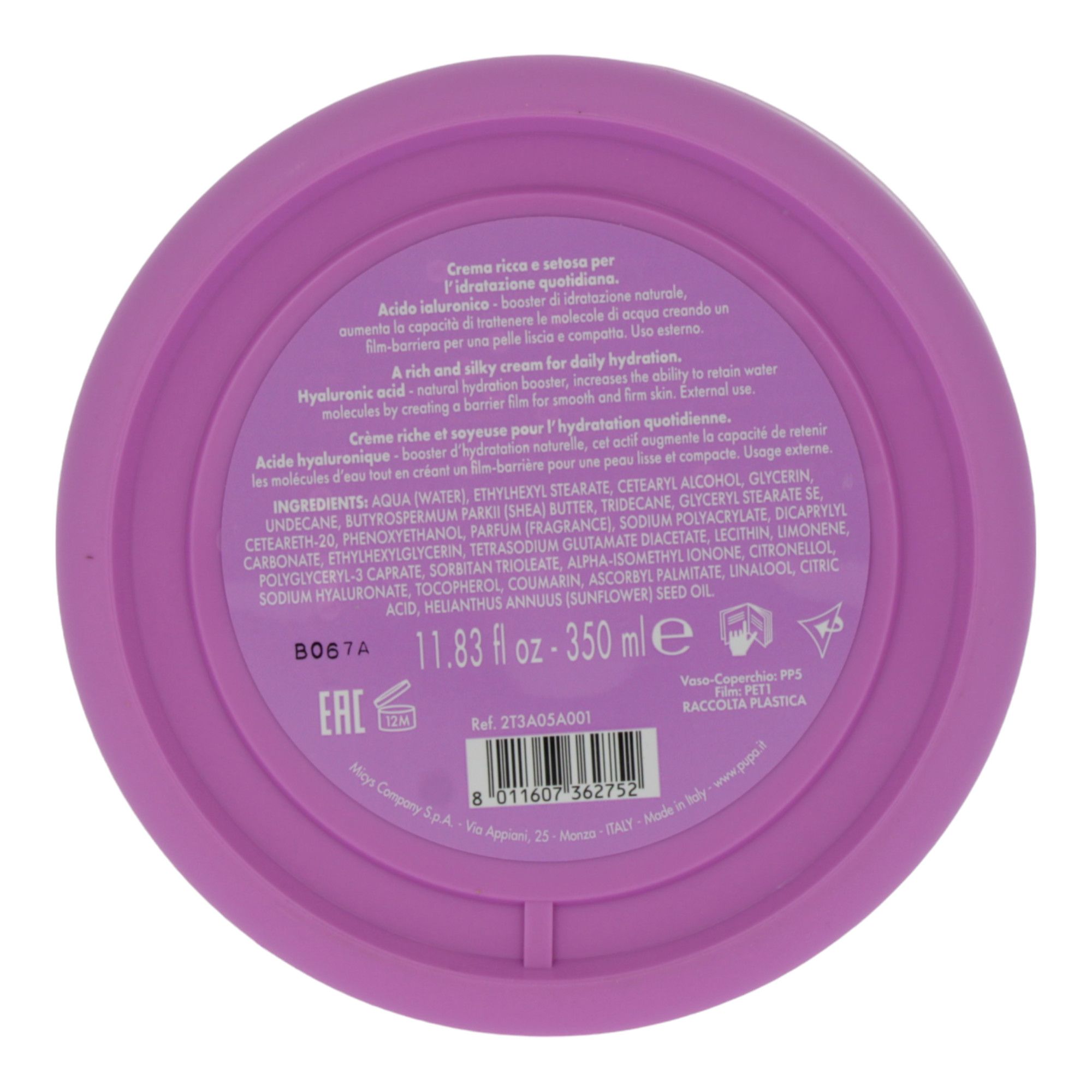 Vaso viola con testo. Contiene informazioni sugli ingredienti e il volume. Scritta "11.83 fl oz - 350 ml".