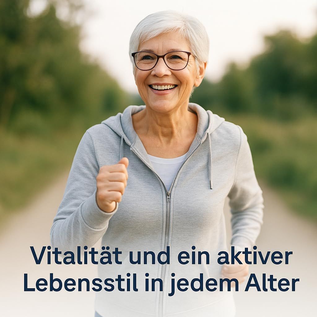 Donna anziana sorridente che fa jogging. Testo: Vitalità e stile di vita attivo a ogni età.