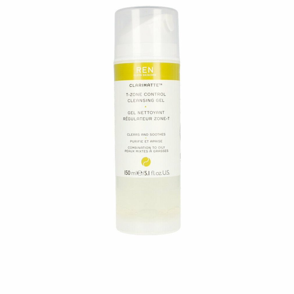 Flacone bianco trasparente, etichetta gialla. Testo: REN Clarimatte T-Zone Control Cleansing Gel. 150 ml.