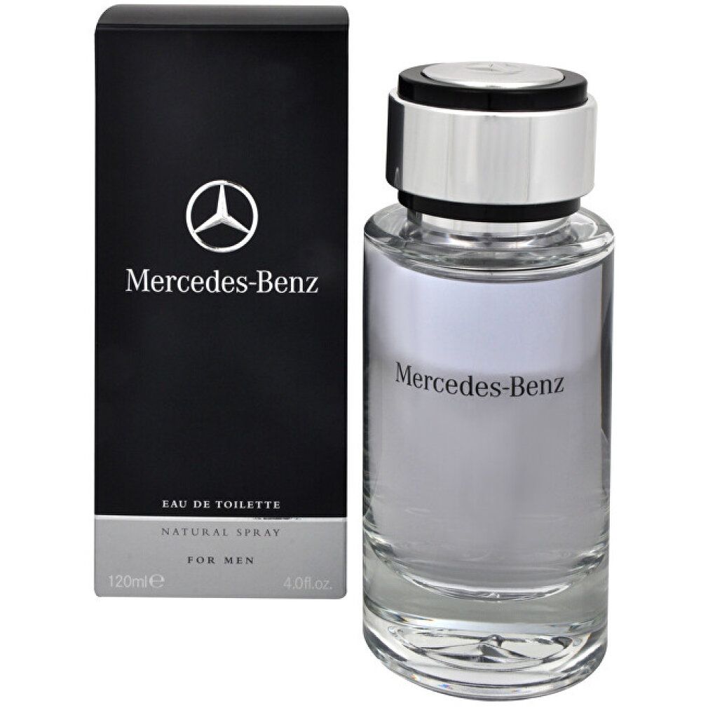 Flacone di profumo e scatola. Flacone con tappo argentato, scritta Mercedes-Benz. Scatola nera con logo e testo: Eau de Toilette, Natural Spray, For Men. 120ml.