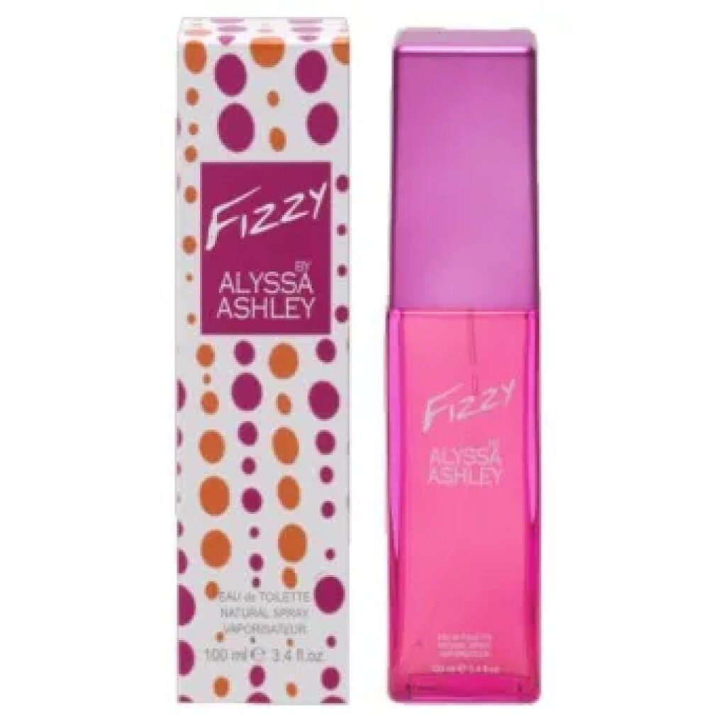 Alyssa Ashley Fizzy Eau de Toilette Spray. Flacone rosa, tappo viola e confezione. Confezione a pois.