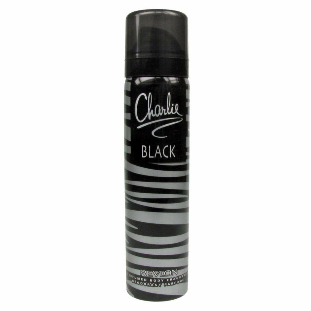 Spray corpo a strisce argentate. Scritta "Charlie Black". Marchio "Revlon". Tappo nero.