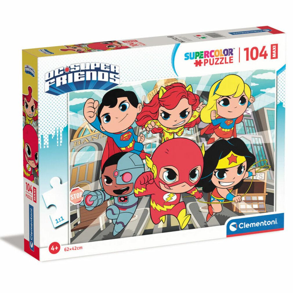 Puzzle Clementoni DC Super Friends Maxi, 104 pezzi. Confezione con illustrazioni di supereroi. Età: 4+. Dimensioni: 62x42cm.