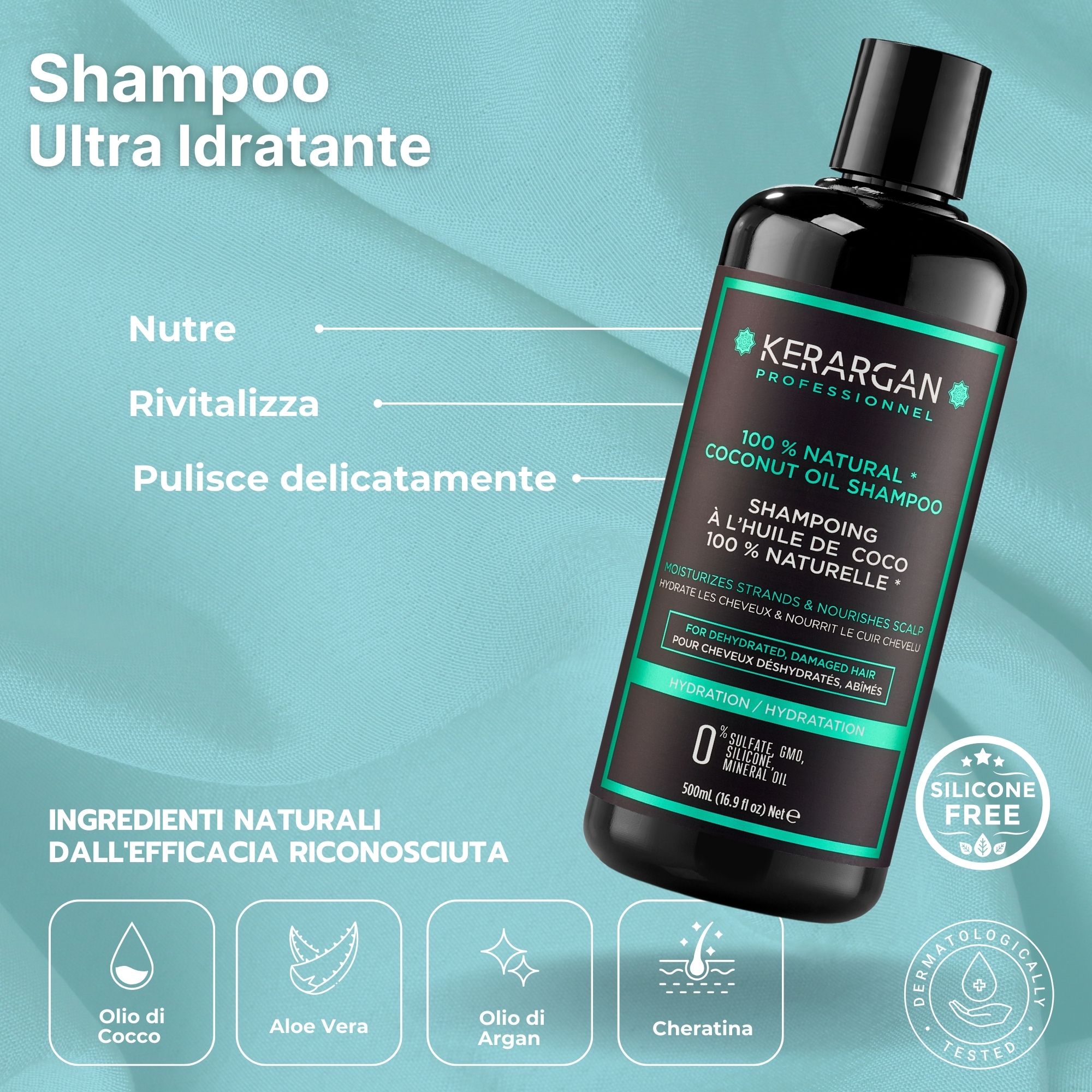 Kerargan - Trio Shampoo, Balsamo & Maschera Olio di Cocco - Capelli Disidratati - Senza solfati, OGM