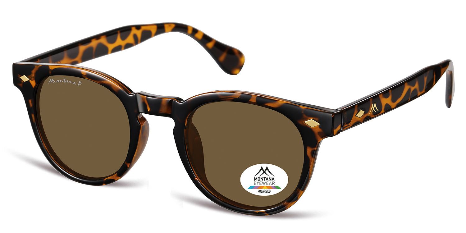 Occhiali da sole con lenti marroni e motivo tartarugato. Logo ed etichetta "Polarized" sulla lente. Marchio: Montana Eyewear.
