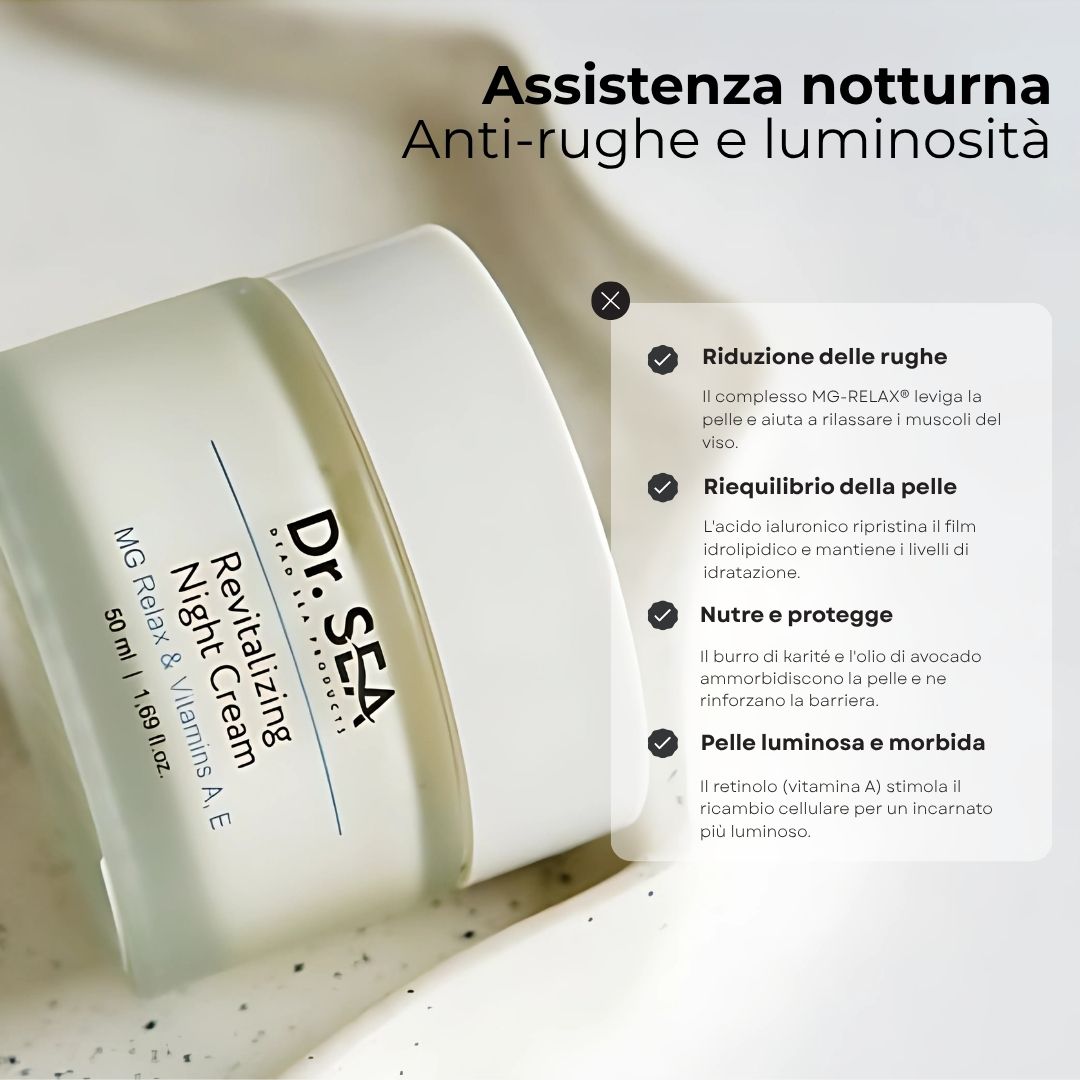 Vaso di crema con testo. Testo: Riduzione delle rughe, riequilibrio della pelle, nutre e protegge, luminosità e morbidezza.