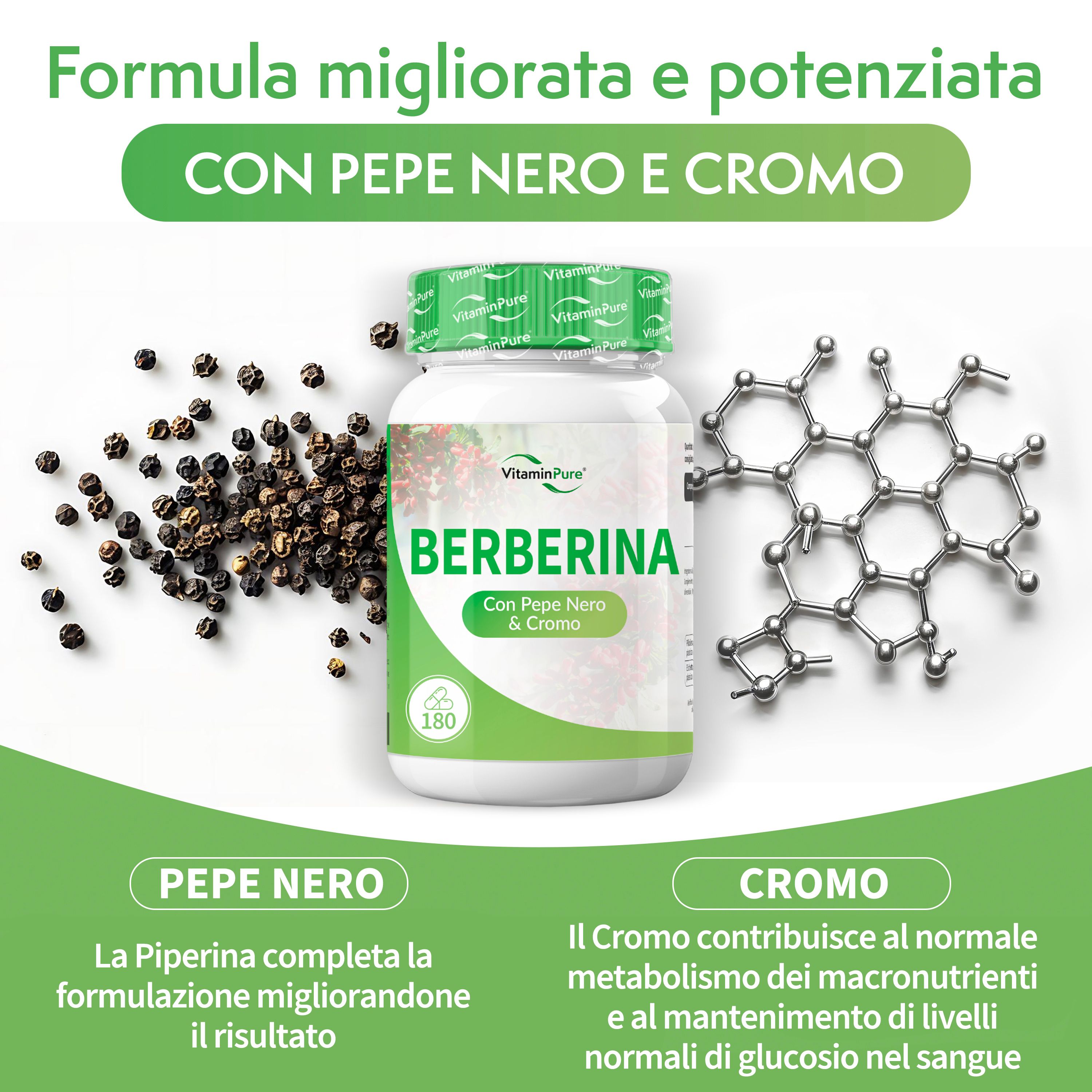 Flacone VitaminPure® Berberina HCL con grani di pepe e struttura molecolare, pepe nero e cromo.