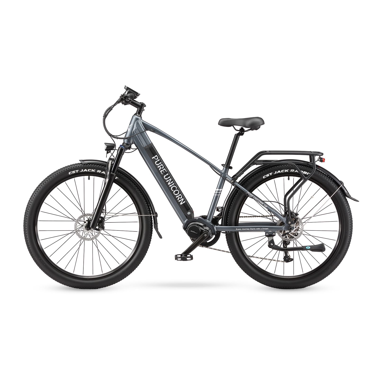 E-bike grigia con portapacchi e parafanghi. Marchio: PURE UNICORN. Pneumatici, sella e manubrio neri.