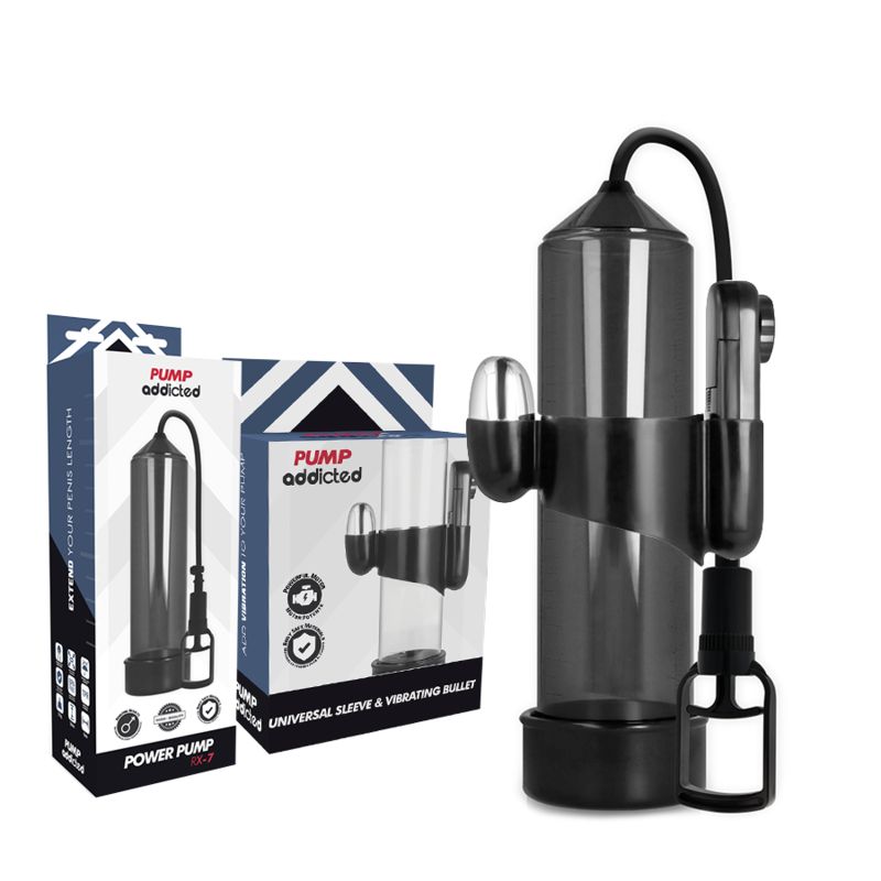 Pompa cilindrica con tubo e flacone. Due confezioni con immagine del prodotto e scritta 'Pump Addicted'.