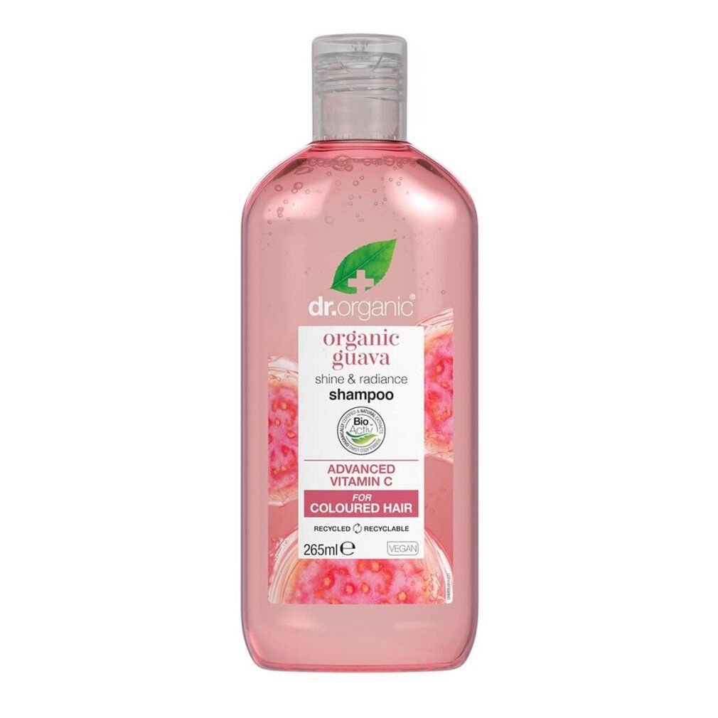 Flacone di shampoo rosa con tappo trasparente. Scritta: Dr. Organic, Guava, per capelli colorati. 265ml.