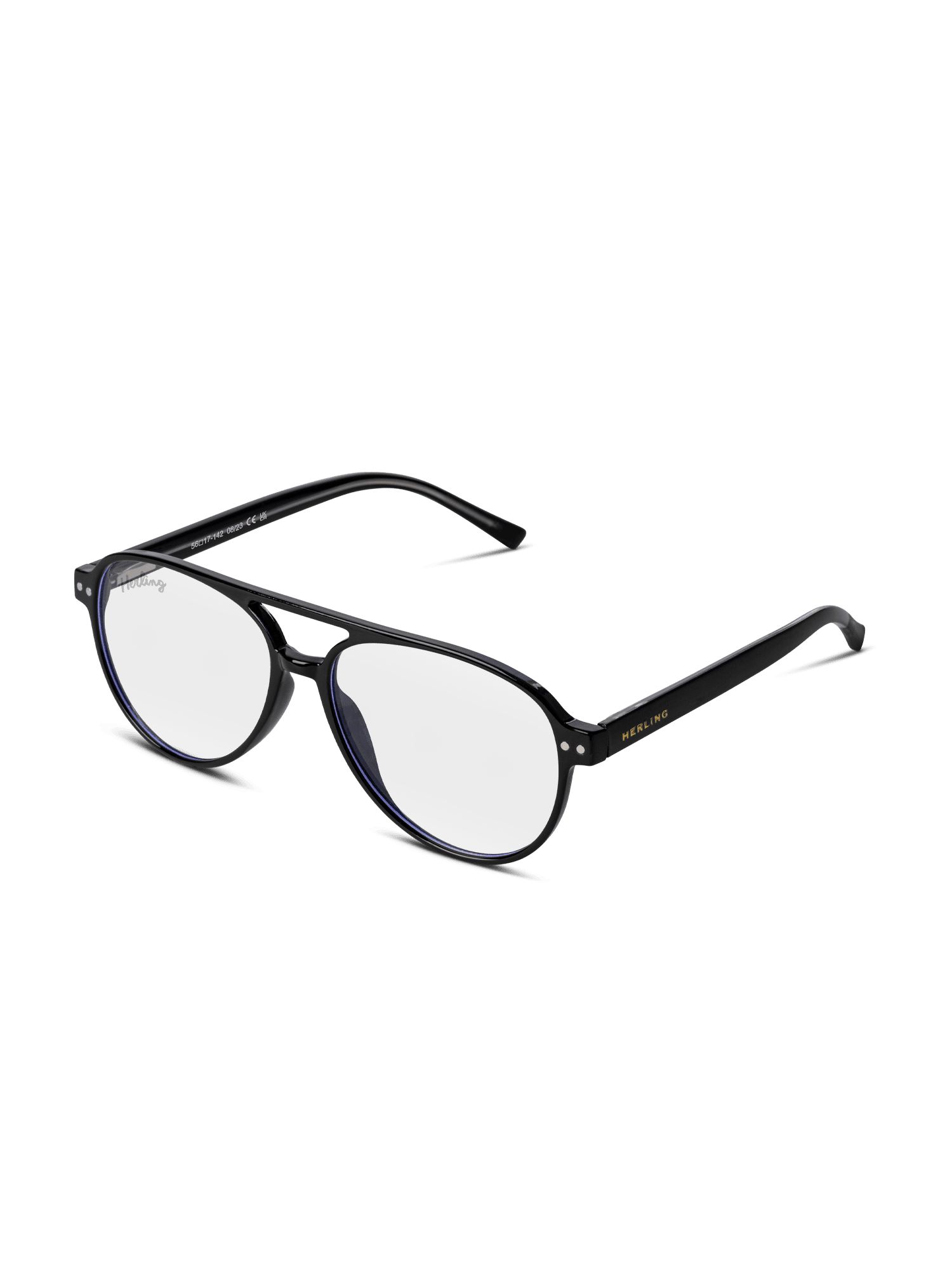 Occhiali neri con lenti rotonde. Logo Herling sull'asta. Modello unisex. Filtro luce blu.