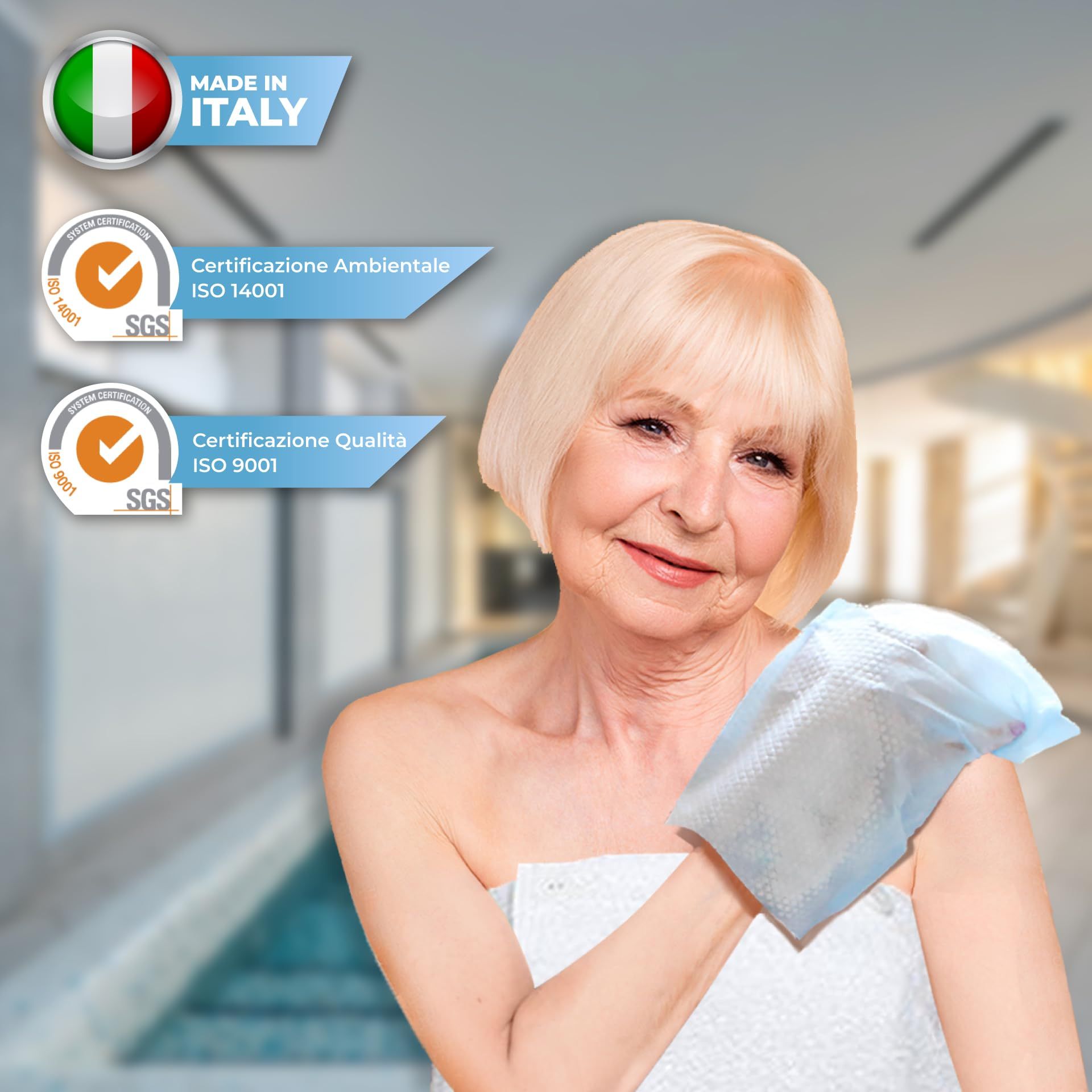 Manopola monouso saponata, Made in Italy, con certificazioni SGS ambientali e qualità.
