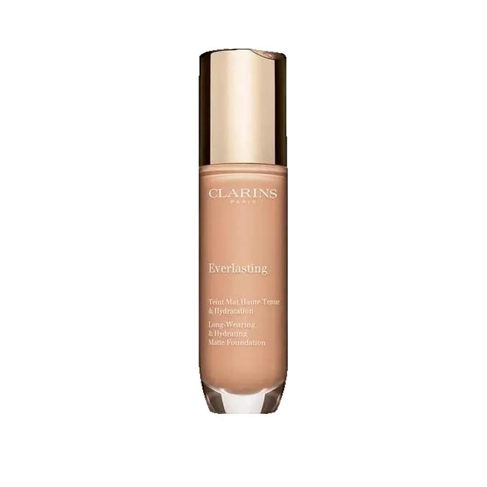 Flacone di fondotinta Clarins Everlasting. Tappo dorato. Scritta: Teint Mat Haute Tenue & Hydratation. Matte Foundation.