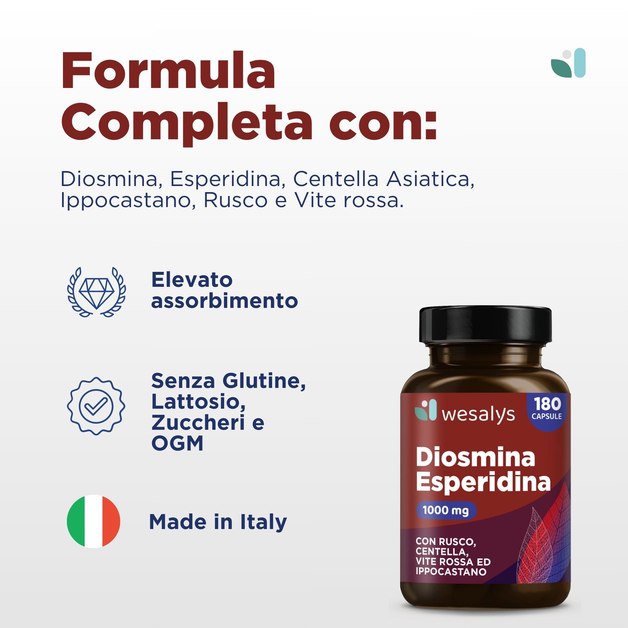 Flacone Diosmina Esperidina WESALYS® 180 capsule. Testo: Senza glutine, lattosio, zuccheri e OGM. Prodotto in Italia. 1000 mg.
